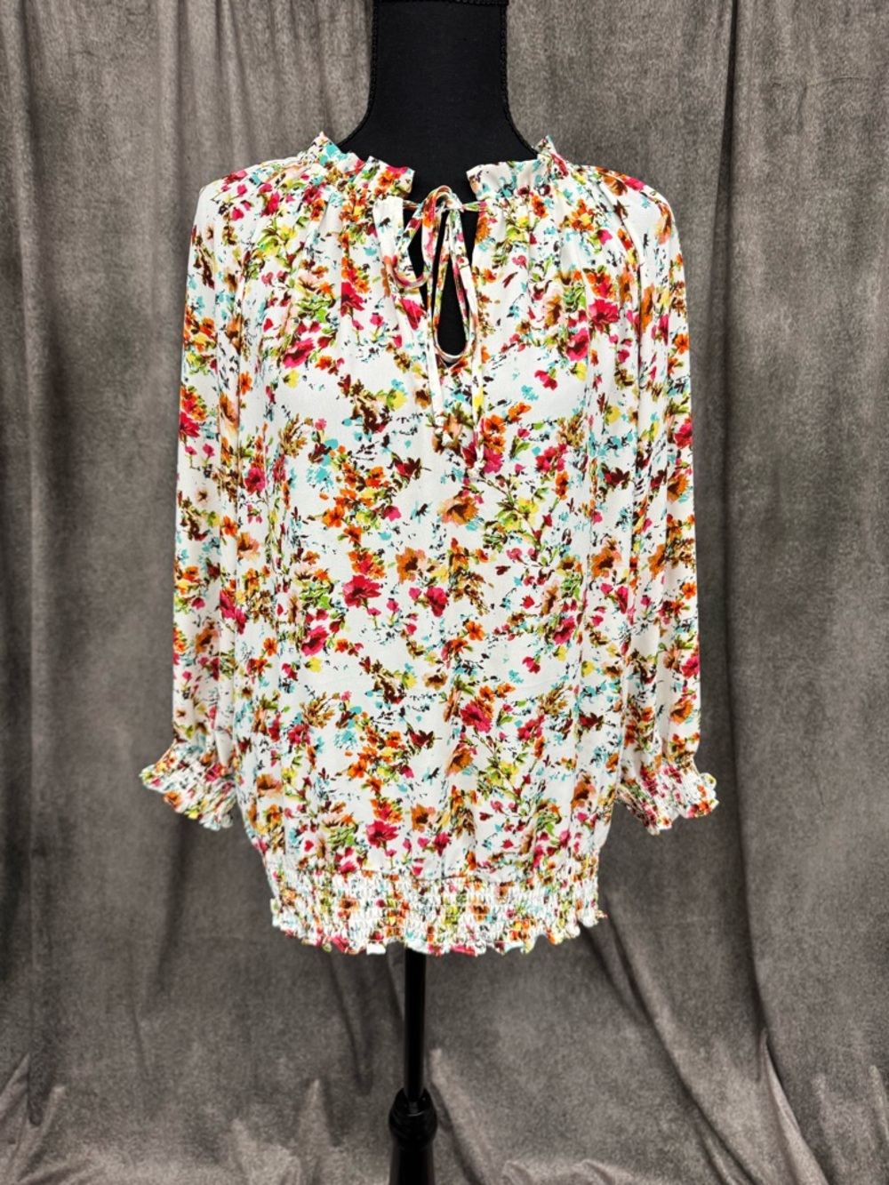Tie-Neck Floral Long-Sleeve Blouse - White Multi